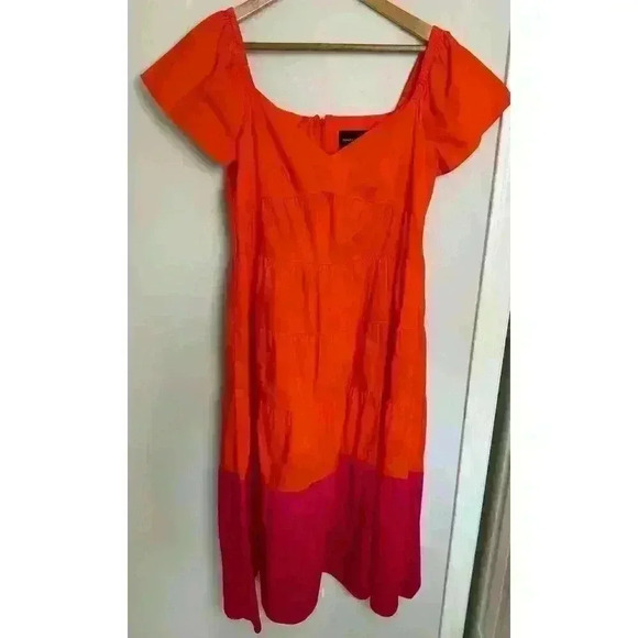Donna Morgan Colorblock Tiered Trapeze Midi Dress Pink Orange Size 6 Maxi - Picture 2 of 12